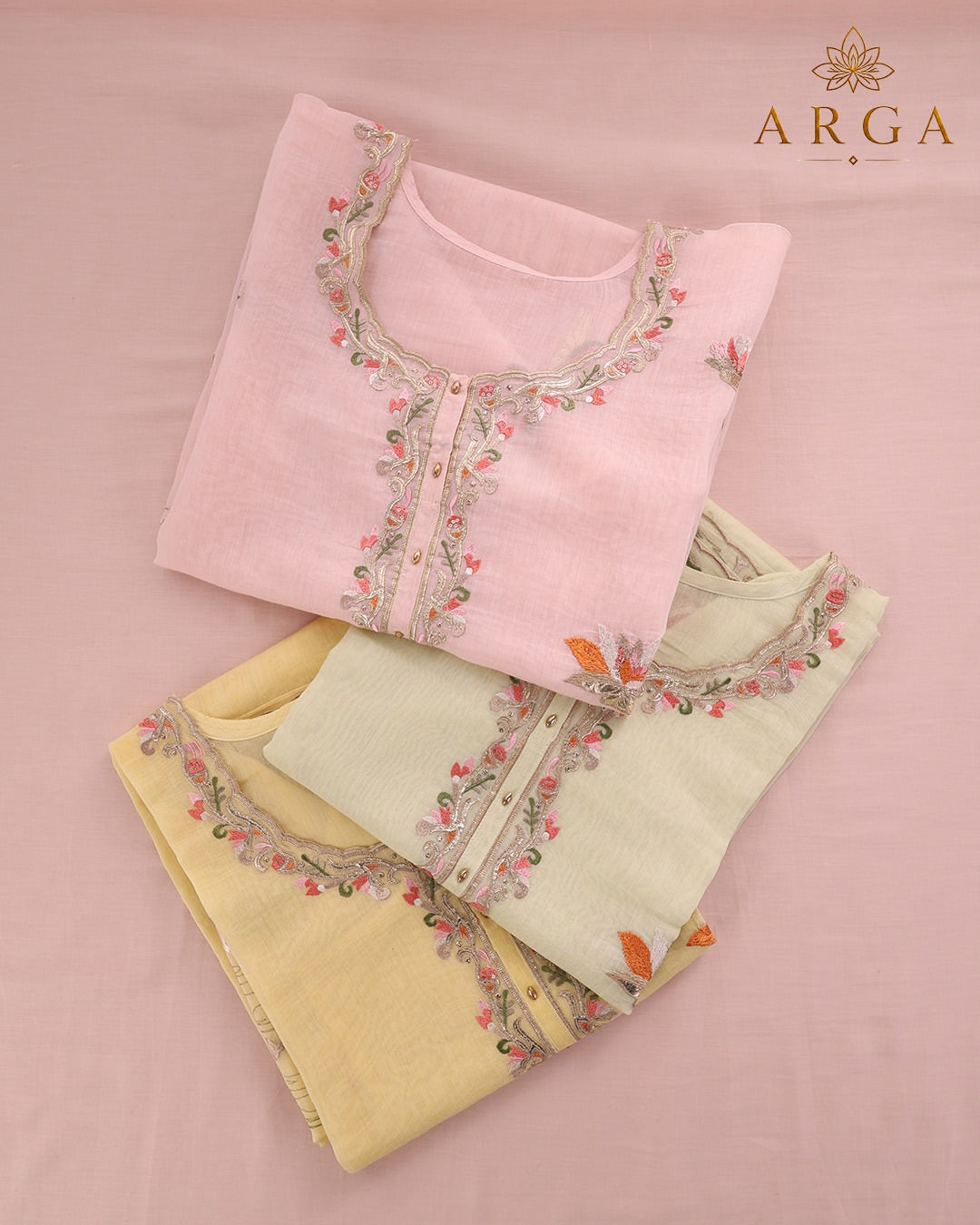 ARGA Padmaja Pure Mul Chanderi 3-Piece Unstitched Suit Set